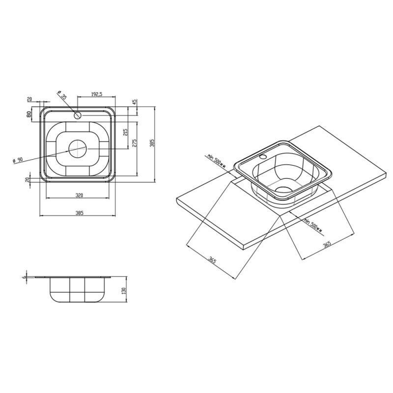 Мойка кухонная Imperial 3838 0.6 мм Satin